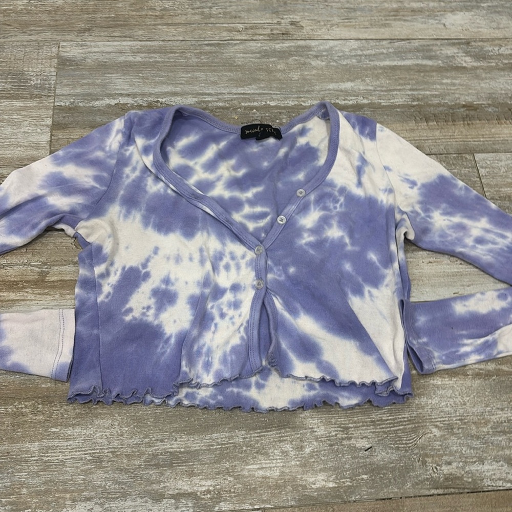 White and purple tie dye long sleeve crop top